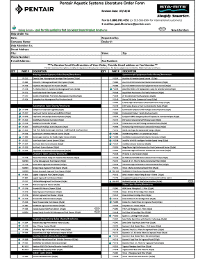 Pentair Aquatic Systems Literature Order Form 071416 XLS