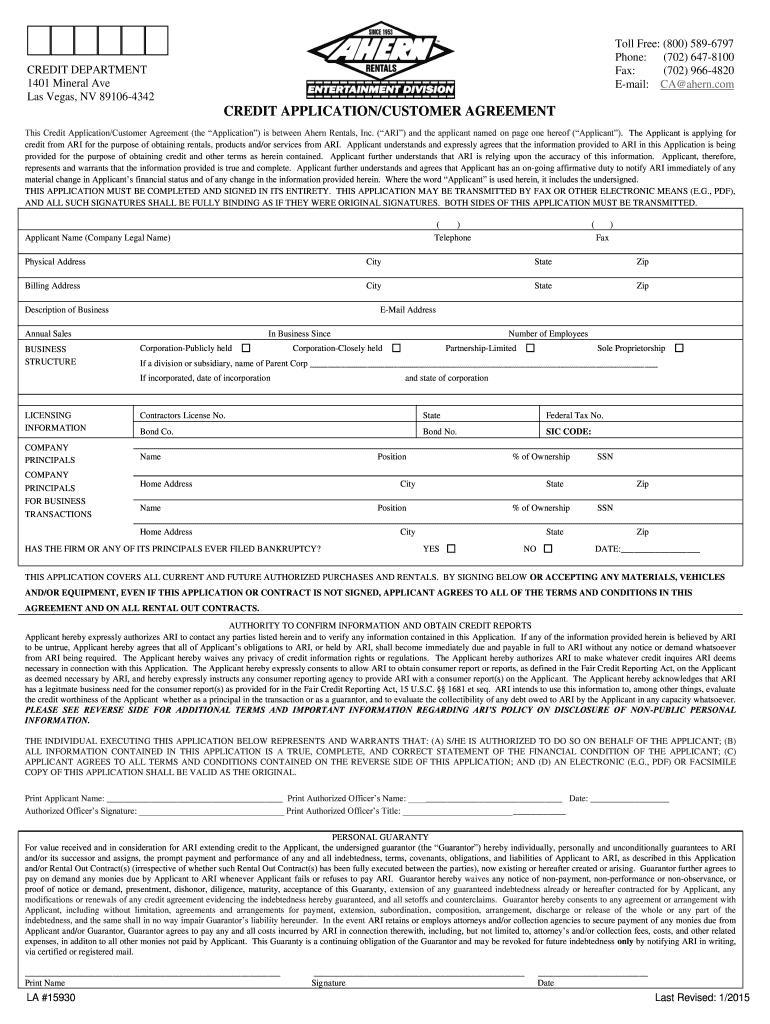  Credit Application for Ahern Equipment 2015-2024