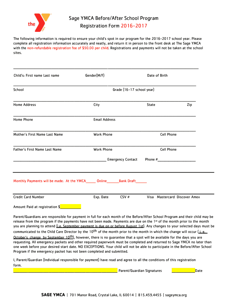 Sample Registration Form for After School Program