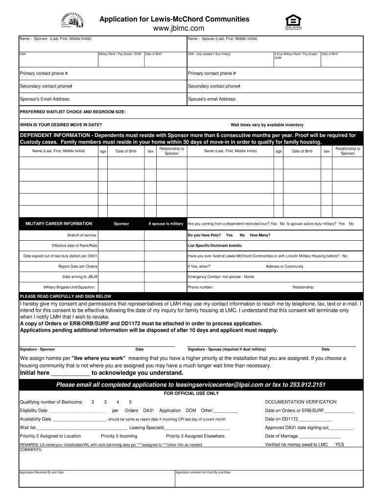 Application for Lewis McChord Communities Www Jblmc  Form