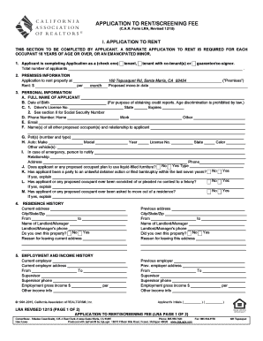 Application to Rent Screening Fee Fillable Form