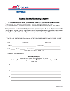 Adams Homes Warranty Request  Form