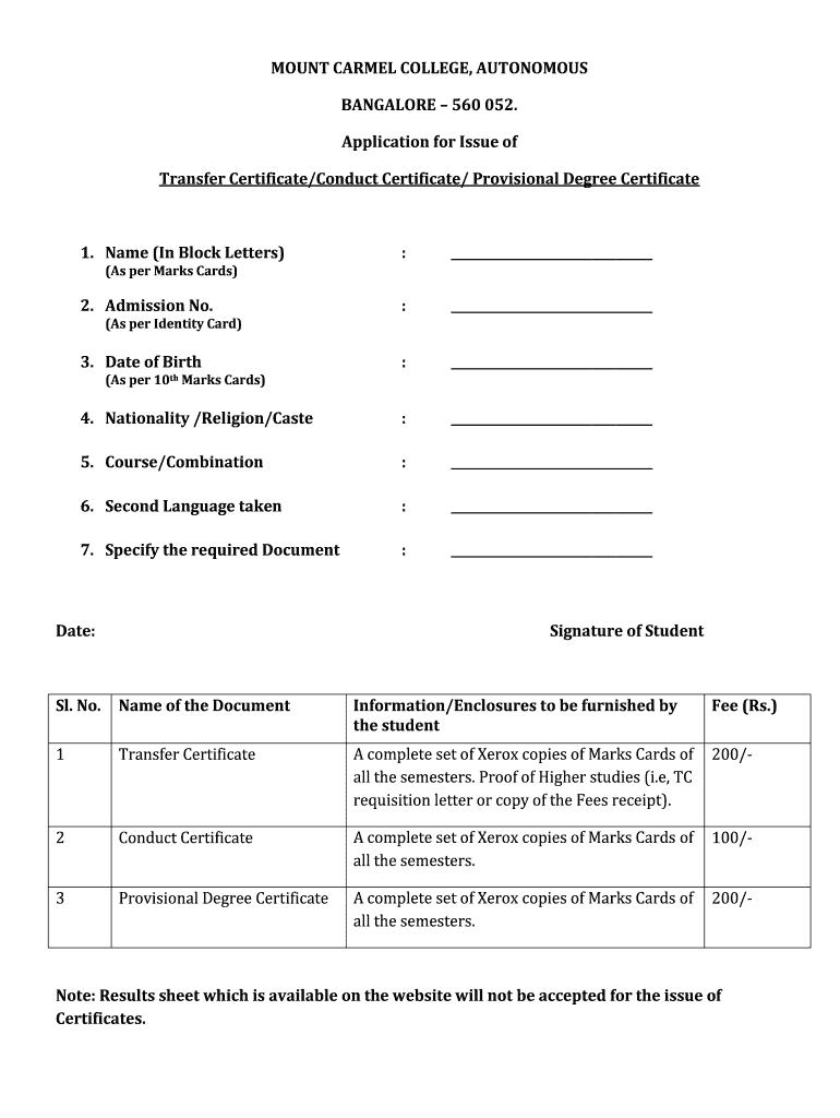 Mount Carmel College Degree Application Form