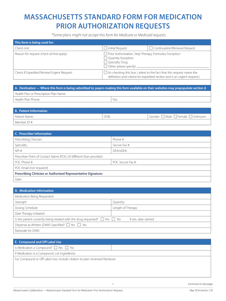 Massachusetts Standard Prior Authorization 20162024 Form Fill Out
