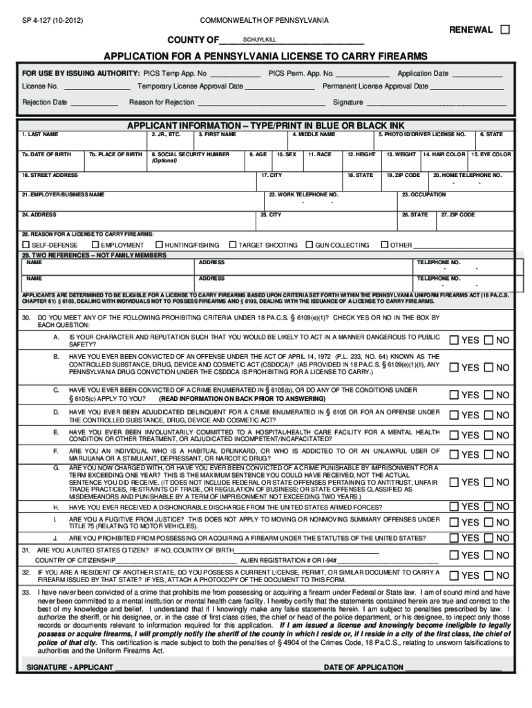 Schuylkill County Concealed Carry Permit  Form