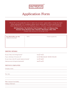 Application Form the Authentic Food Company