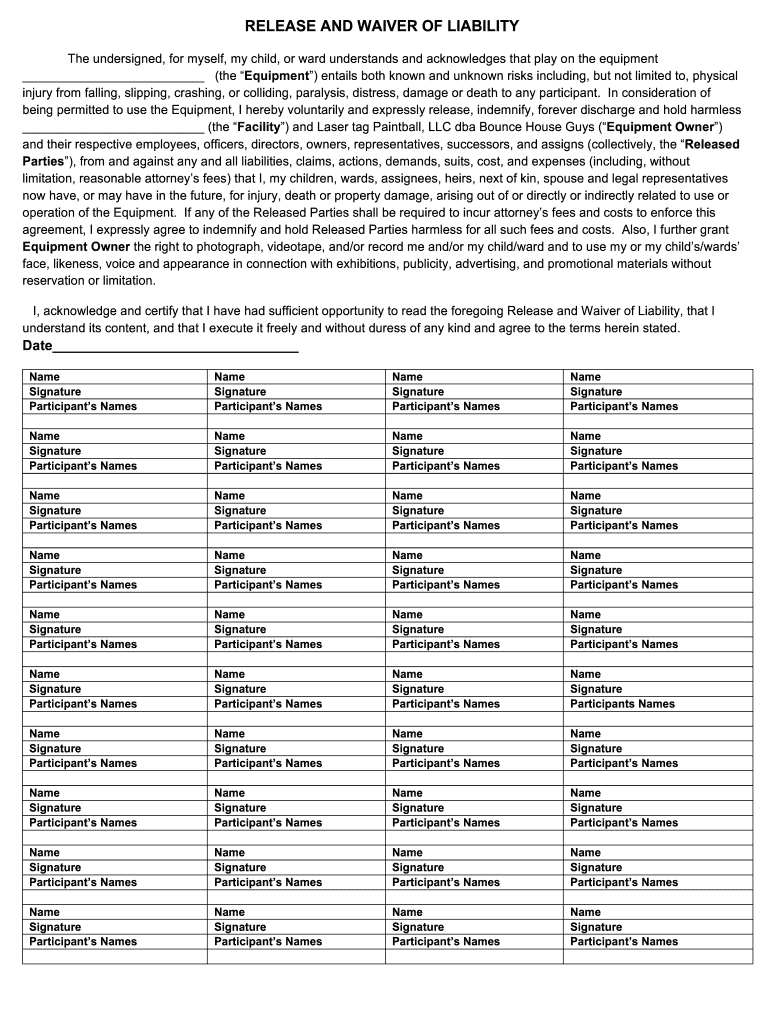 RELEASE and WAIVER of LIABILITYibn Bounce House  Form