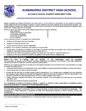 Enrolment Form Kununurra District High School