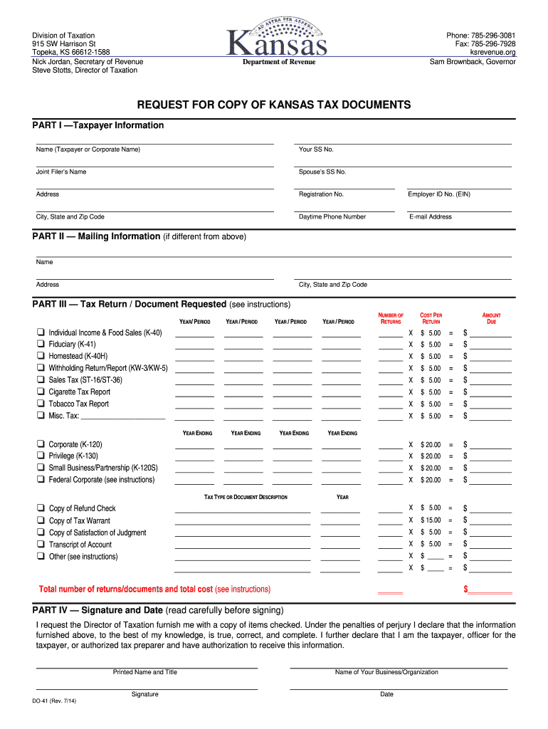 Get and Sign DO 41 Request for Copy of Kansas Tax Documents or Access Rev 7 14 Copy of Returns 2019-2022 Form