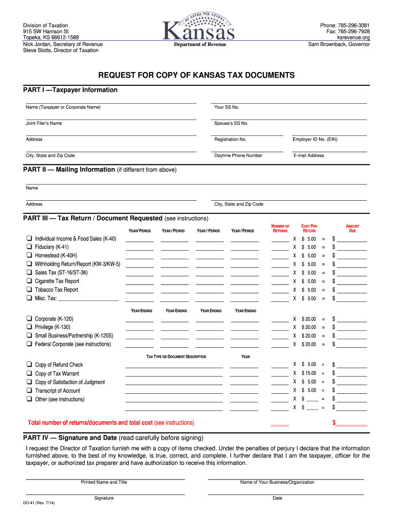  DO 41 Request for Copy of Kansas Tax Documents or Access Rev 7 14 Copy of Returns 2019