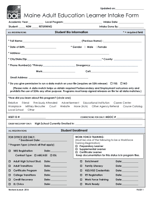 Maine Adult Education Learner Intake Form Maine Gov Maine