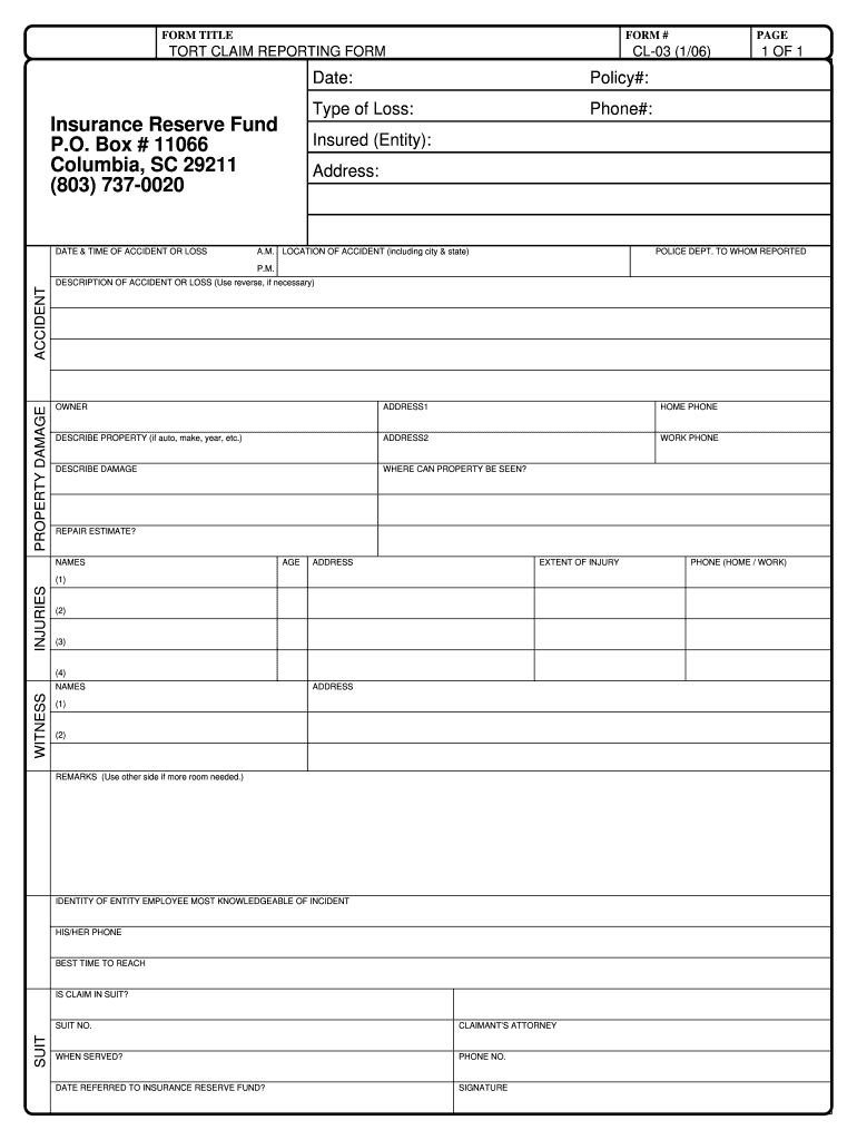  Tort Claim Reporting Form Sc Insurance Reserve Fund Online Form to Fill Out 2006-2024
