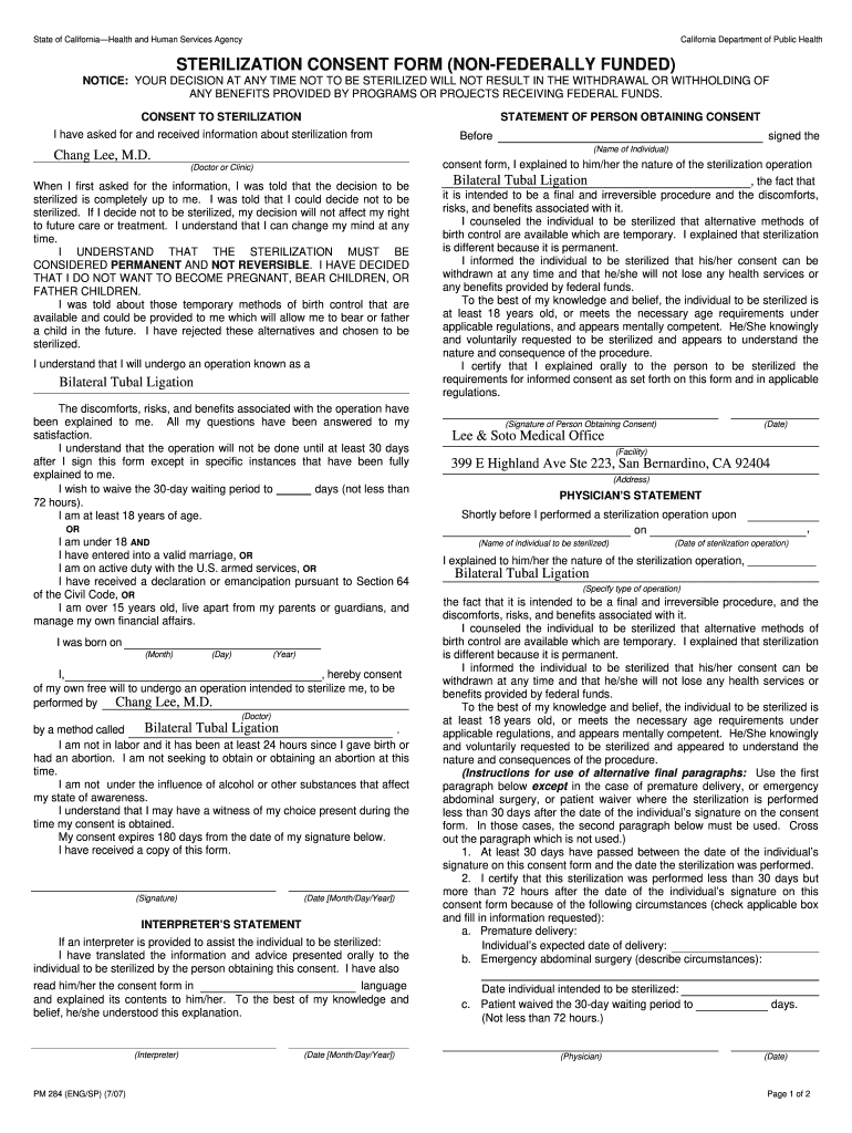 State of California Sterilization Consent Form Non Federally Funded