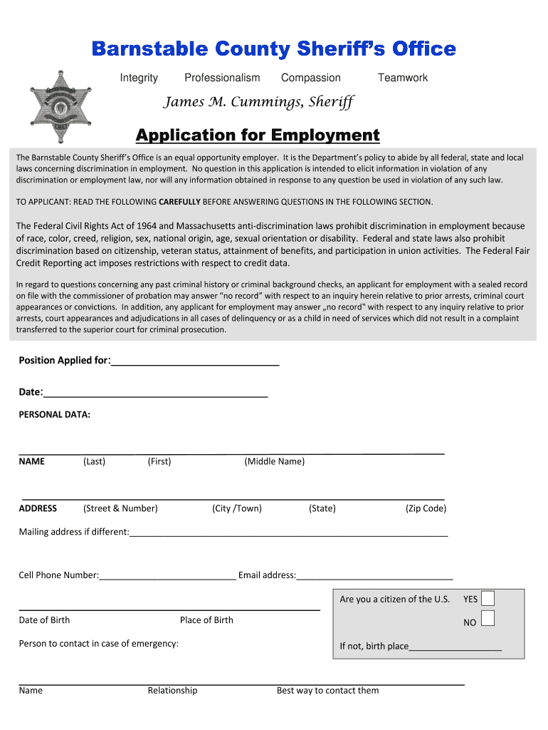View Employment Application PDF  Berkshire County Sheriff&#39;s Office  Form