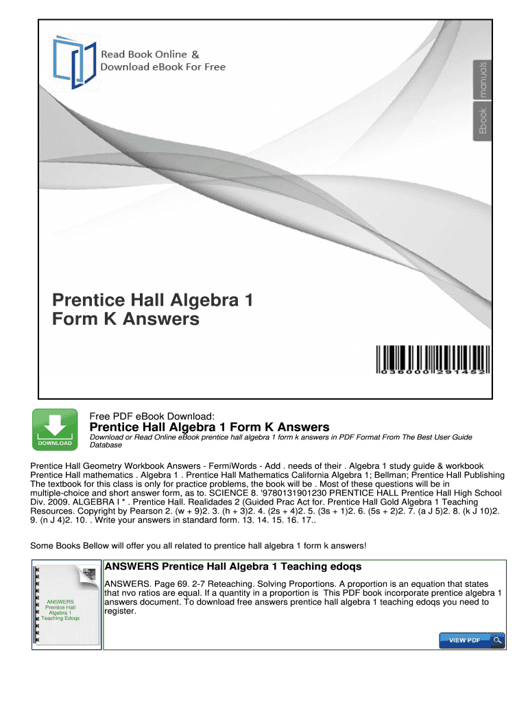 Prentice Hall Mathematics Algebra 1 Answer Key PDF  Form