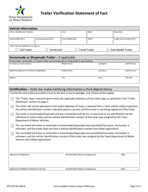  Trailer Verification Statement of Fact Form VTR 141 TxDMV Gov Txdmv 2016