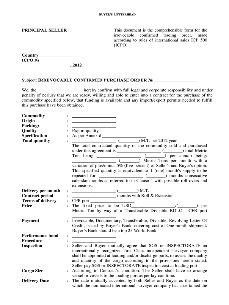 Irrevocable Confirmed Product Order ICPO Model  Form