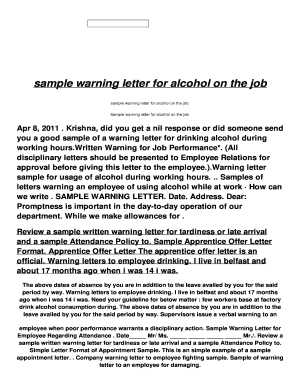 Sample Warning Letter for Drunk Employee  Form