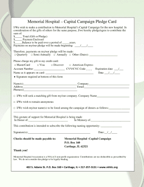 Memorial Hospital Capital Campaign Pledge Card Newhospital Mhtlc  Form