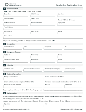 New Patient Registration Form Westwood Medical Centre