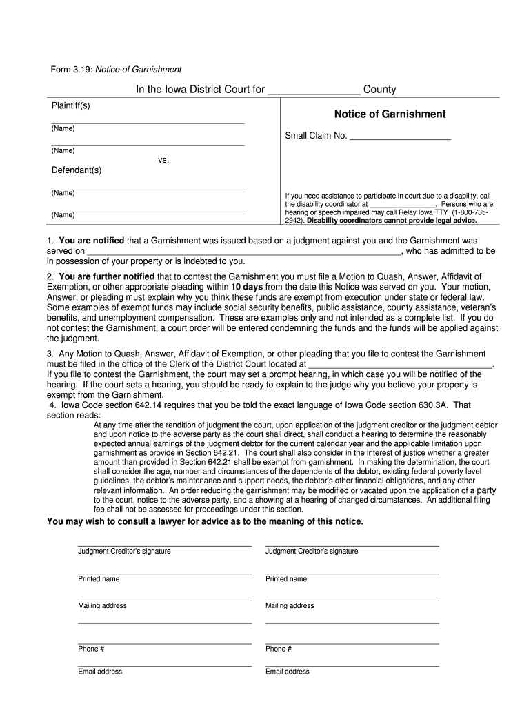 Notice of Garnishment and Interrogatories Iowa  Form