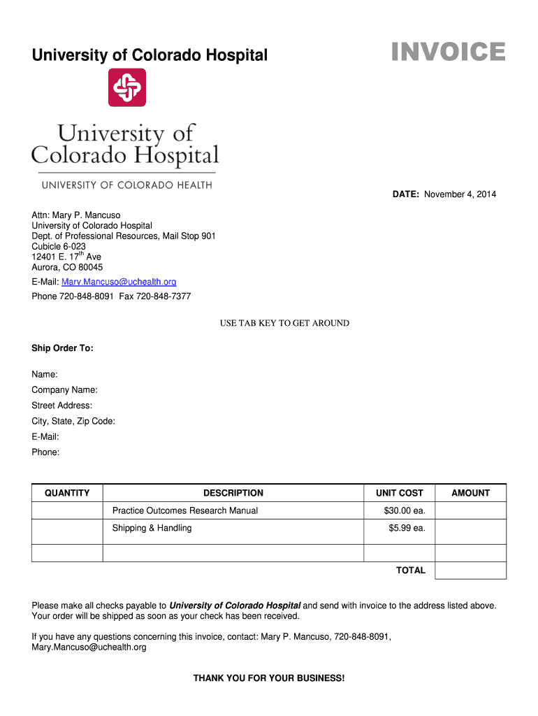 University of Colorado Hospital INVOICE  Form