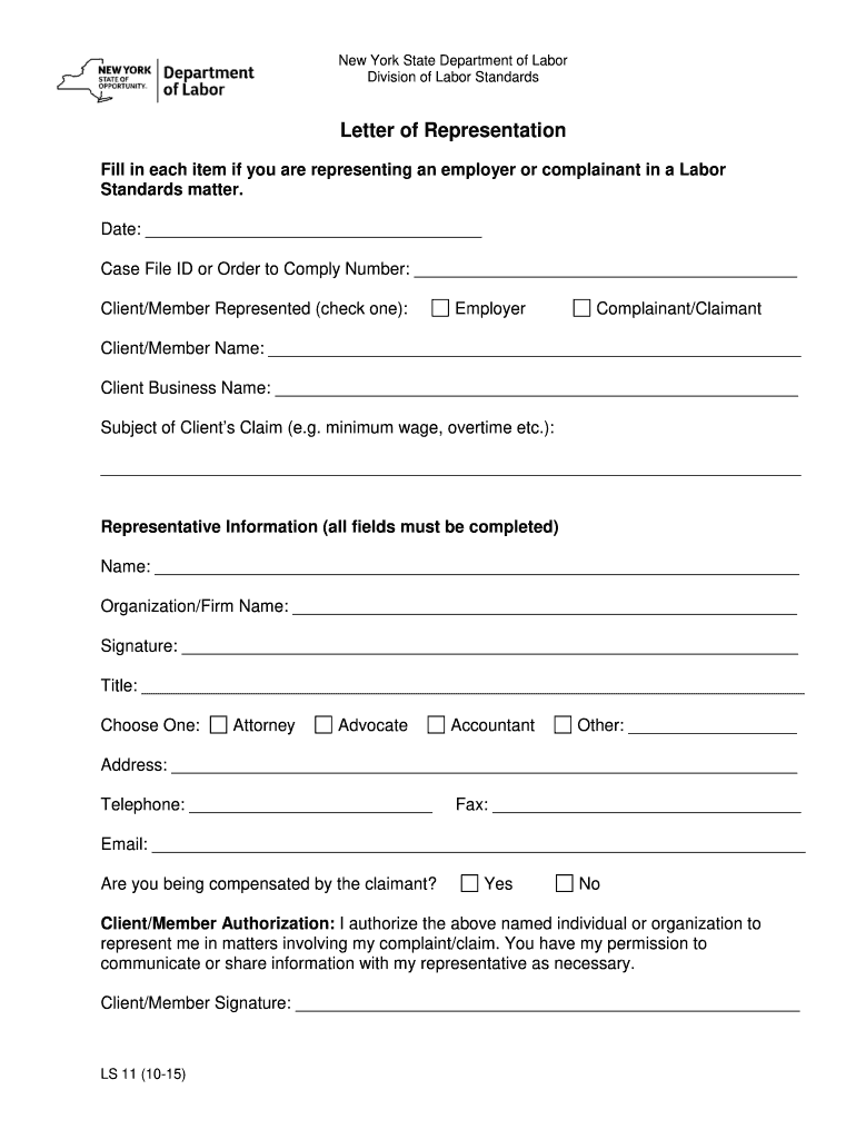 Letter of Representation New York State Department of Labor Labor NY ...