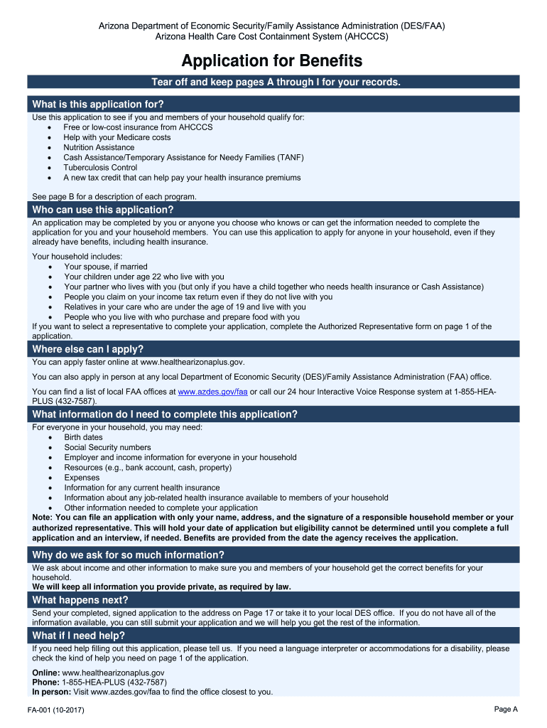  FA 001 Application for Benefits Ahcccs Scorm Azahcccs 2017