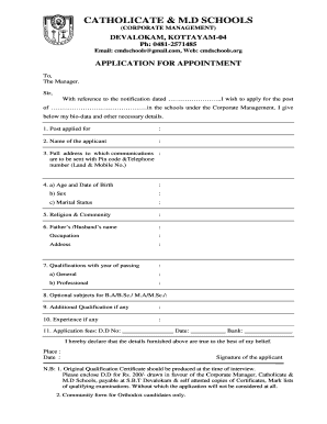 Catholicate and M D Schools Vacancies  Form