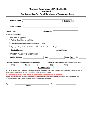 *Alabama Department of Public Health Application for Exemption  Form