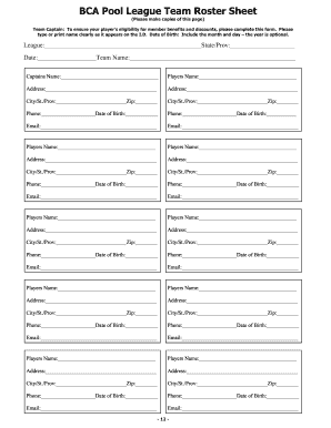 BCA Pool League Team Roster Sheet Leaguesys Net  Form