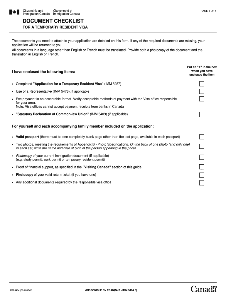  IMM 5484 E  Document Checklist for a Temporary Resident Visa 2005