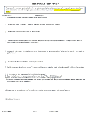 Teacher Input Form for Iep