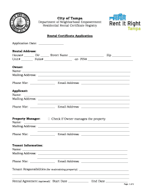 City of Tampa Rental Certificate  Form