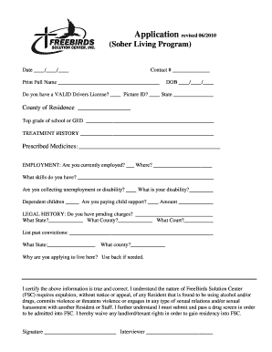 Application Revised 06 Sober Living Program  Form