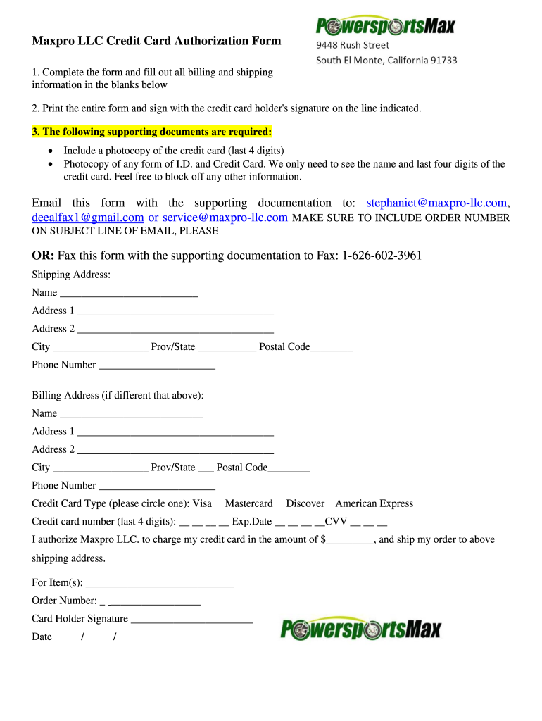  Credit Card Authorization Form  PowersportsMax 2015