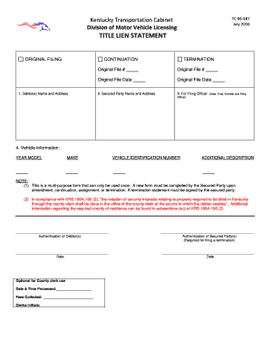 Title Lien Statement Boone County Kentucky Clerk  Form