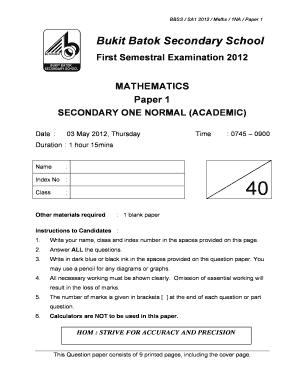 Sec 1 Na Math Paper  Form