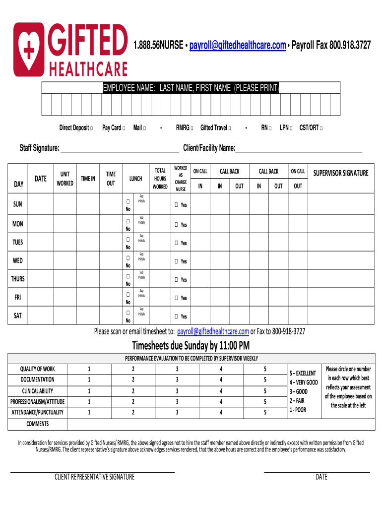 Gifted Healthcare Timesheet  Form