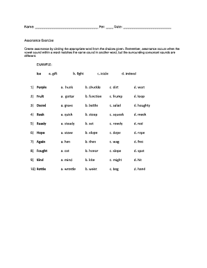 Assonance Worksheet PDF  Form