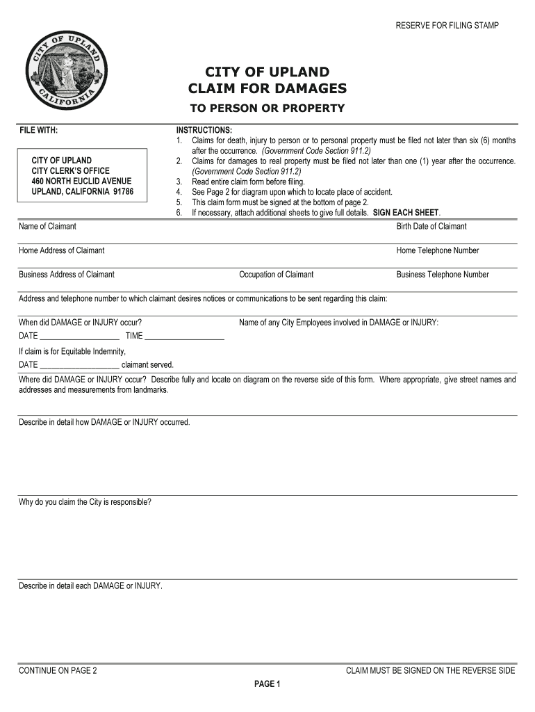 CITY of UPLAND CLAIM for DAMAGES  Uplandpl Lib Ca Us  Uplandpl Lib Ca  Form