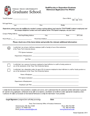 StaffFaculty Application Fee Waiver Form Texas Tech
