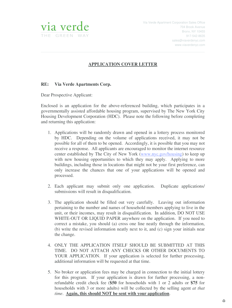 APPLICATION COVER LETTER RE Via Verde Apartments Corp  Form