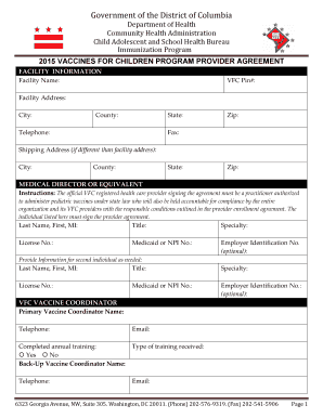 District of Columbia Vaccines for Children Program Provider Agreement Form District of Columbia Vaccines for Children Program Fo