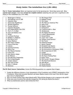 Antebellum Worksheet PDF  Form