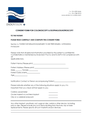 CONSENT FORM for COLONOSCOPY &amp; ESOPHAGOGASTROSCOPY