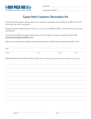 Gypsy Moth Customer Declaration Kit 1 800 PACK RAT  Form