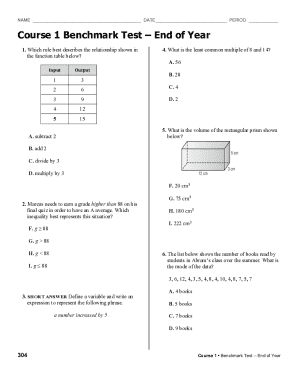 Course 1 Benchmark Test End of Year  Form