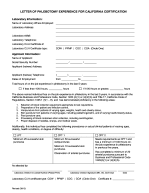  LETTER of PHLEBOTOMY EXPERIENCE for CALIFORNIA CERTIFICATION Cdph Ca 2015