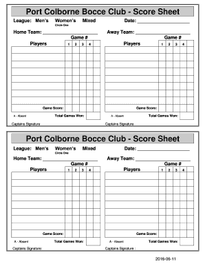 Score Sheet Port Colborne Bocce Club  Form
